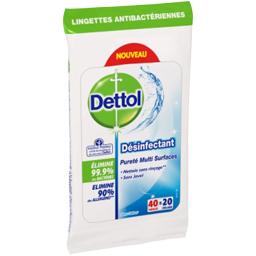 Lingette antibactérienne, pureté multi-surfaces, la paquet de 20 Lingette antibactérienne, pureté multi-surfaces, la paquet de 20,DETTOL,la paquet de 20