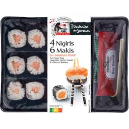 Assortiment de sushis au saumon fumé Assortiment de sushis au saumon fumé,ITINERAIRE DES SAVEURS,la barquette de 4 Nigiris + 6 Makis + sauce - 200g